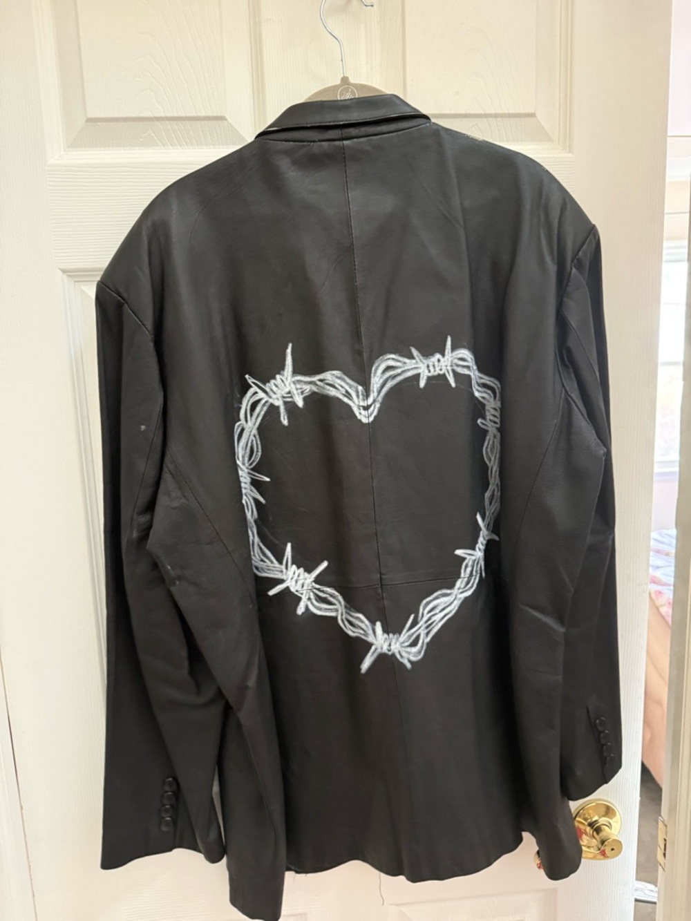 Black Leather Jacket with White Barbed Wire Heart Back